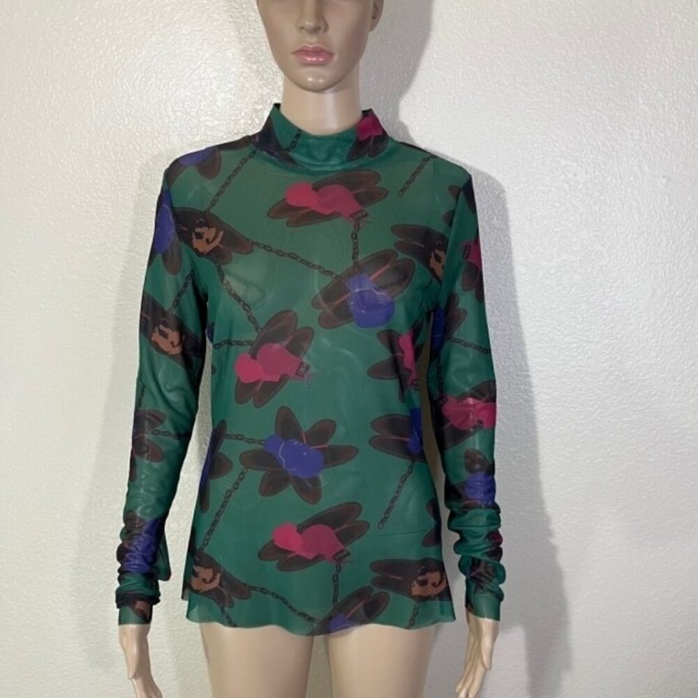 Jessie Liu Green Boxing Glove Print Mesh Mock Neck Long Sleeve Shirt Top NWT L